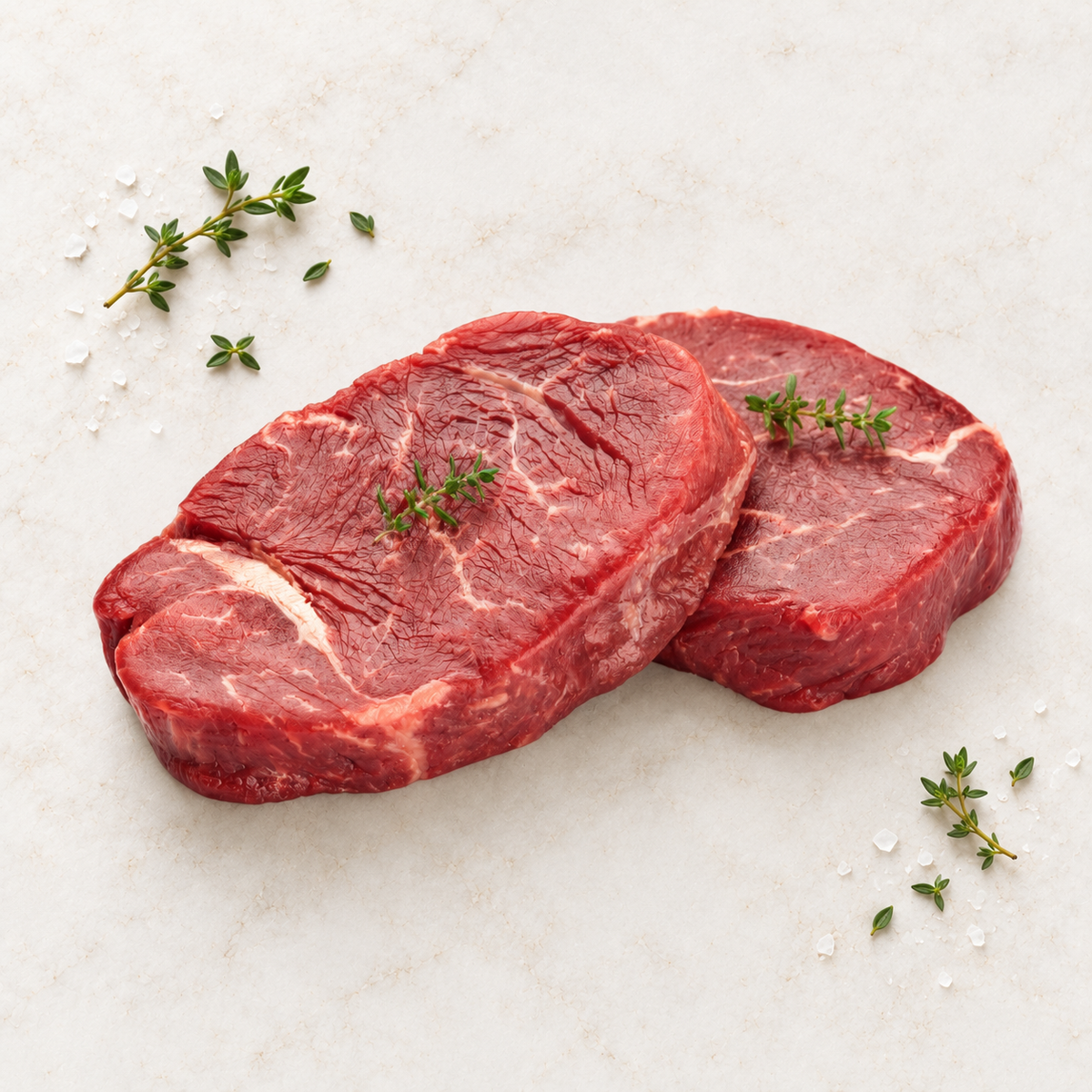 Two raw Wagyu flat iron steaks on light stone with thyme and sea salt.