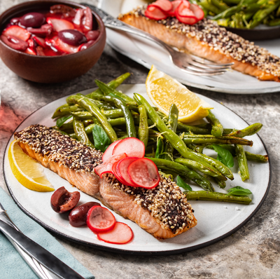 Sumac Salmon with green beans and olives