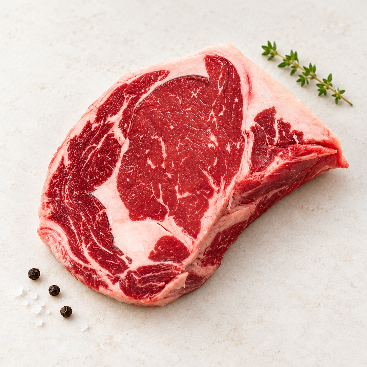 Raw Argentinian ribeye steak with visible marbling on a light stone surface with thyme, sea salt and black peppercorns.