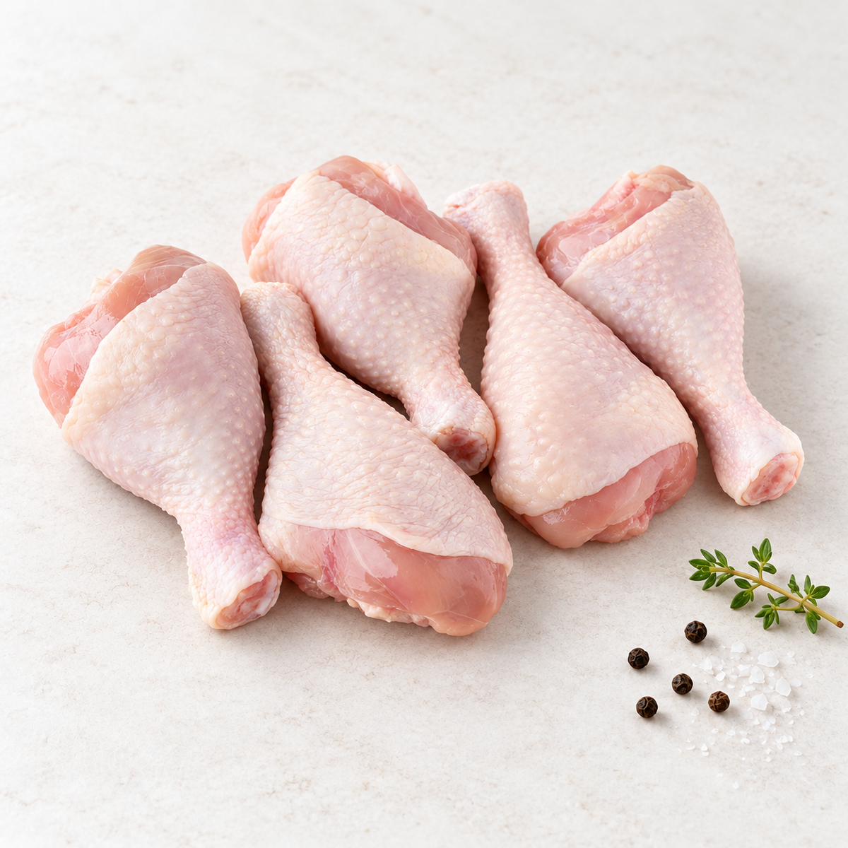 Five raw skin-on chicken drumsticks on a light stone surface with thyme, sea salt and black peppercorns.
