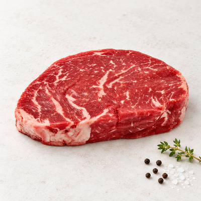 Raw grass-fed Delmonico steak on a light stone surface with thyme, sea salt and black peppercorns.