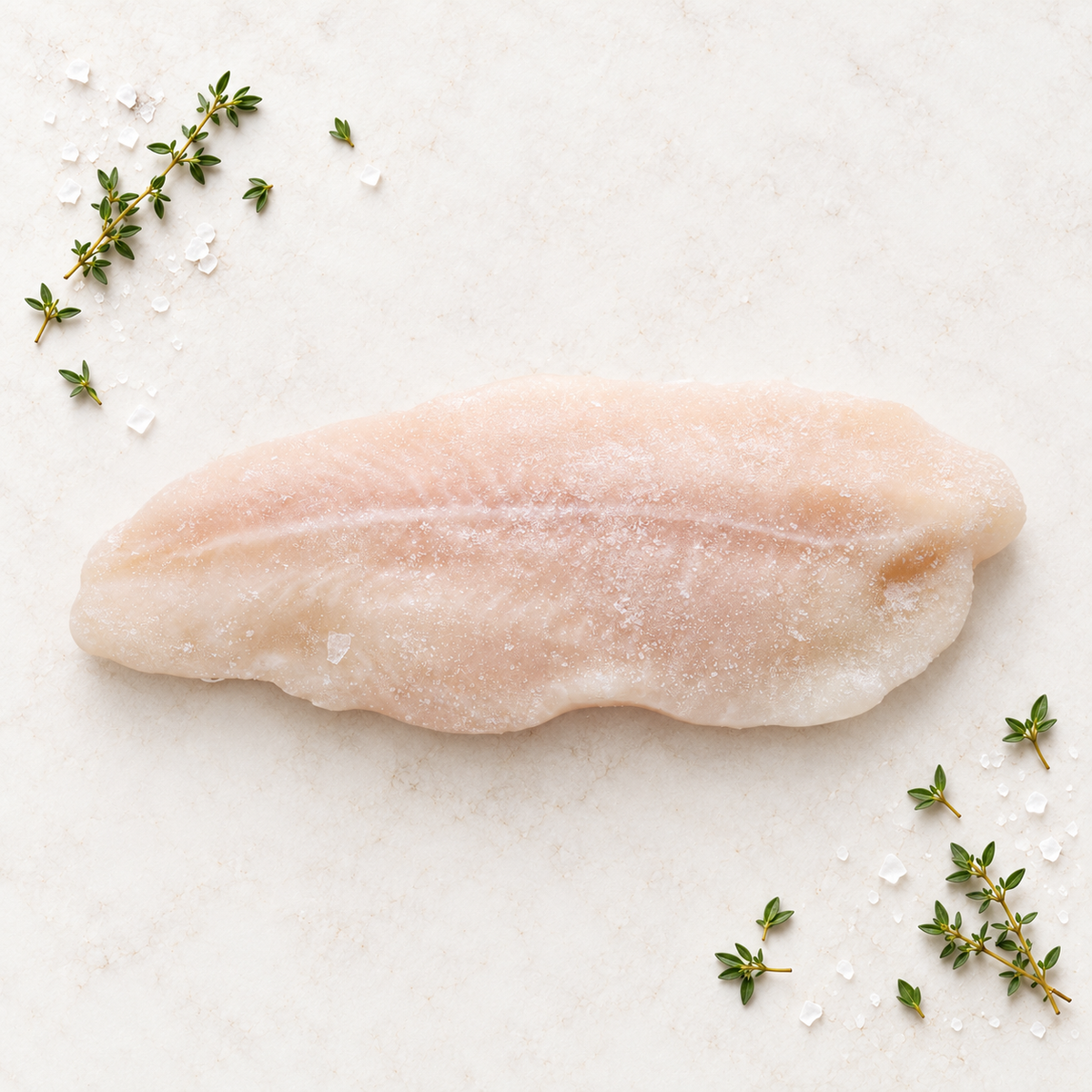 Raw skinless grouper fillet on light stone with thyme and sea salt.