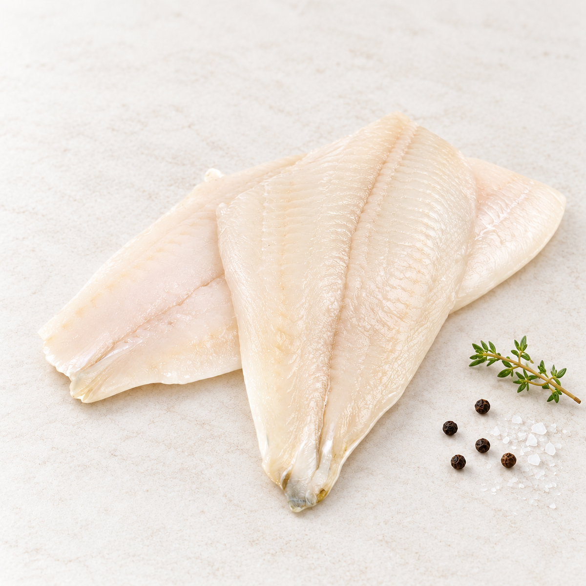 Raw flounder fillets on a light stone surface with thyme, sea salt and peppercorns