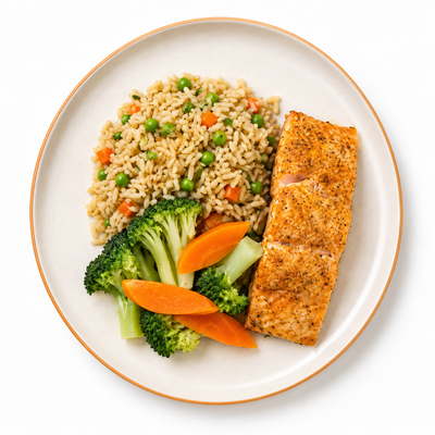 Tangy Salmon with Brown Rice and Mixed Veggies [Heat and Eat]