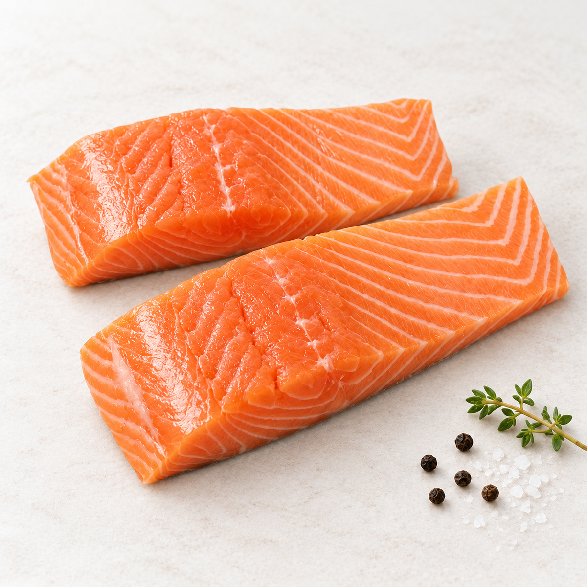 Two raw salmon fillets on a light stone surface with thyme, sea salt and black peppercorns.