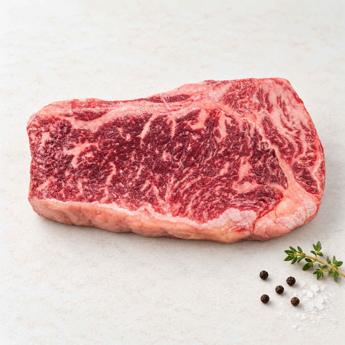 Raw Wagyu Delmonico steak with visible marbling on a light stone surface with thyme, sea salt and black peppercorns.